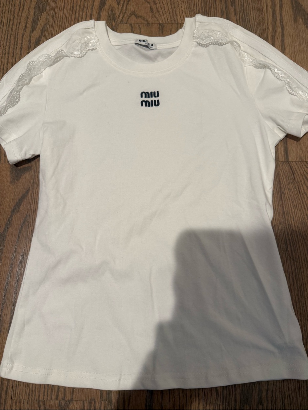 White Short Sleeve Tee with Lace Shoulder Trim